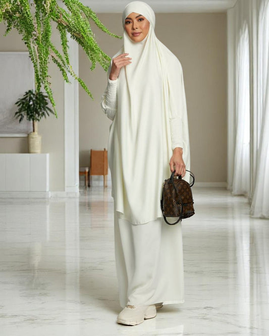 Elegant Two Piece Jilbab Set in Luxurious Nida Satin Fabric with Flared Skirt and Full Size Khimar
