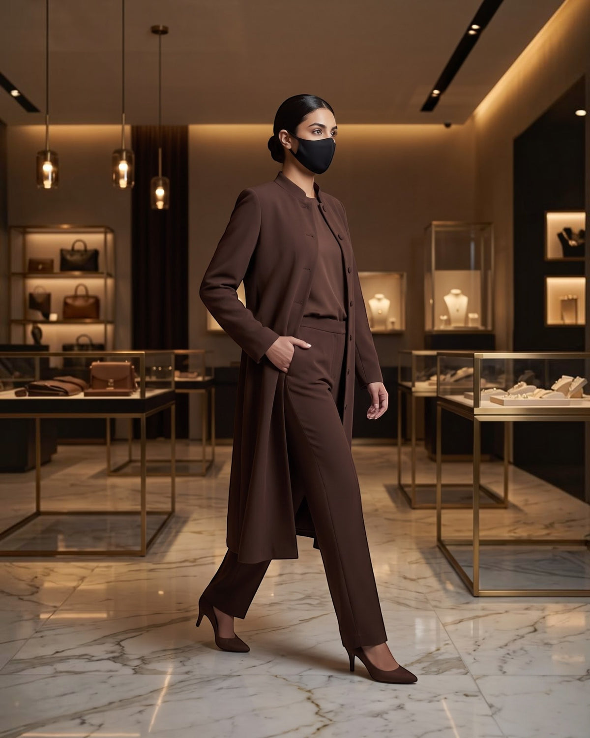 Business Suit for Women with Coat-Style Top | Optional Trouser & Hijab | Brown