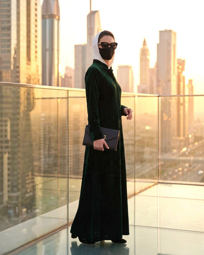 Regal Button-Front Velvet Abaya with Side Pockets