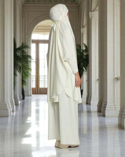 Elegant Two Piece Jilbab Set in Luxurious Nida Satin Fabric with Flared Skirt and Full Size Khimar