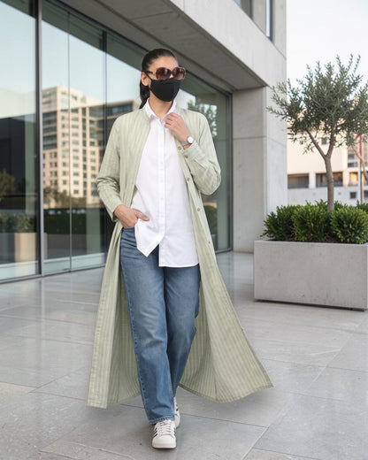 Mint Green Striped Cotton Front-Open Abaya Shirt with Mandarin Collar