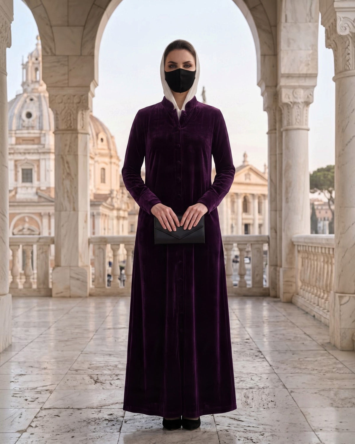 Classic Front Open Velvet Abaya with Covered Buttons