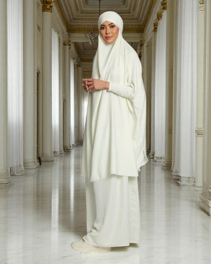 Elegant Two Piece Jilbab Set in Luxurious Nida Satin Fabric with Flared Skirt and Full Size Khimar