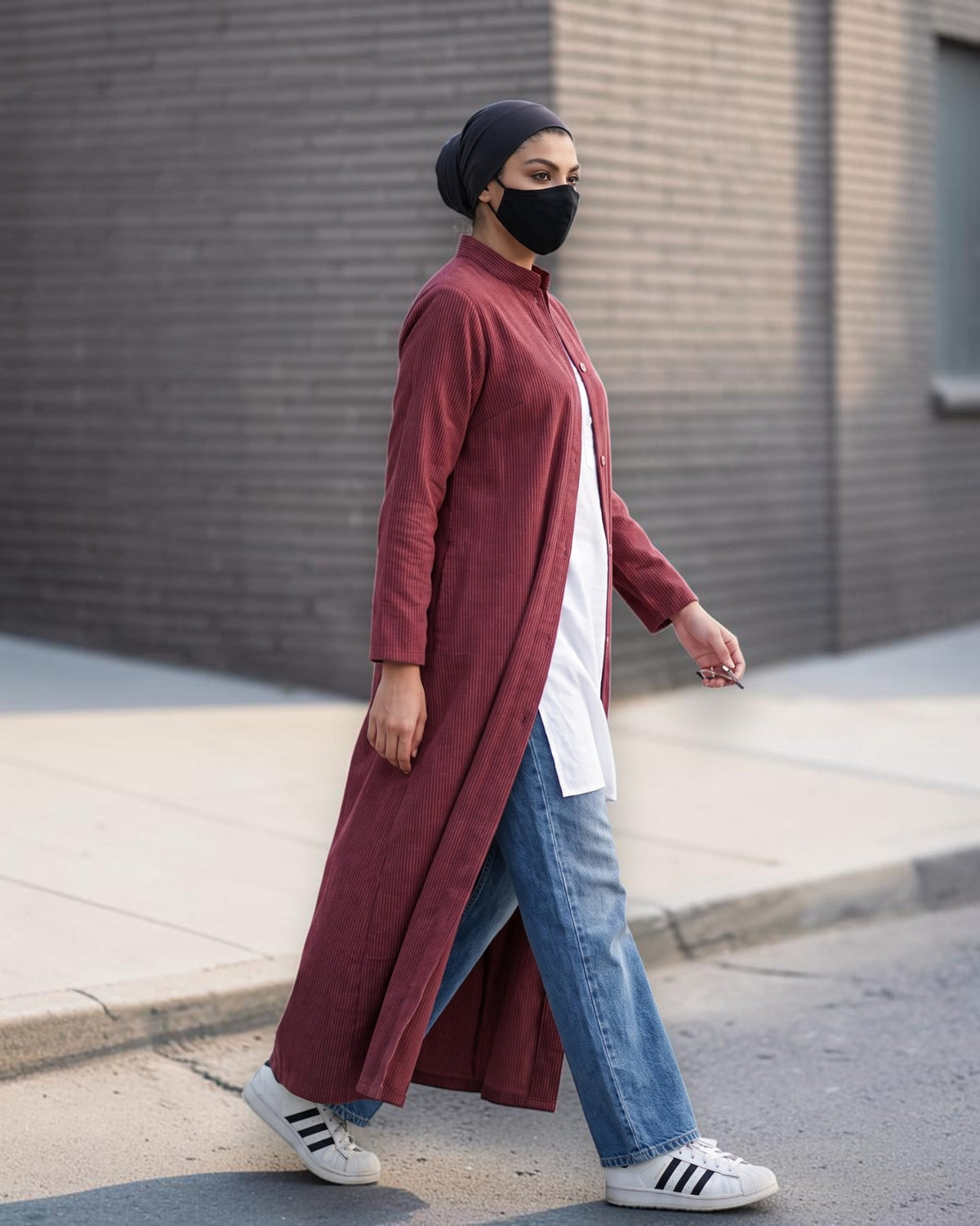 Rust Red Striped Cotton Front-Open Abaya Shirt with Mandarin Collar