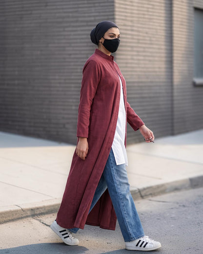 Rust Red Striped Cotton Front-Open Abaya Shirt with Mandarin Collar