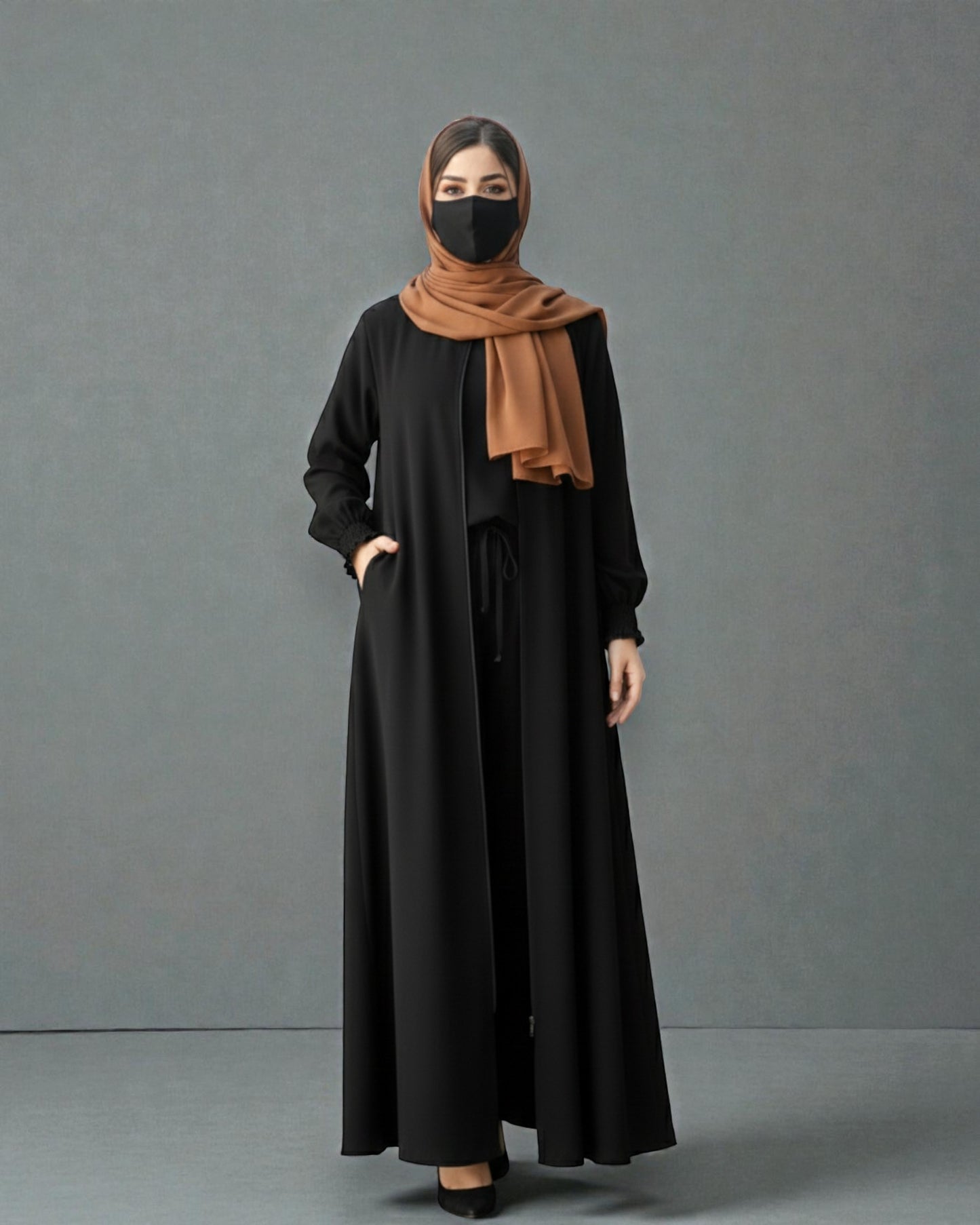 Front Open Abaya with Zipper Opening, Umbrella Flare and Matching Belt