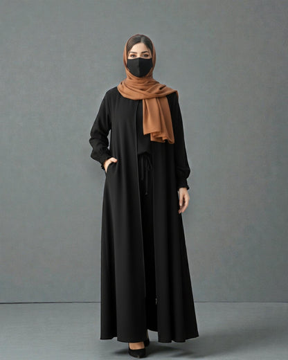 Front Open Abaya with Zipper Opening, Umbrella Flare and Matching Belt
