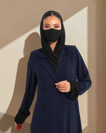 Navy Blue Double-Breasted Coat Style Abaya with Contrast Collar