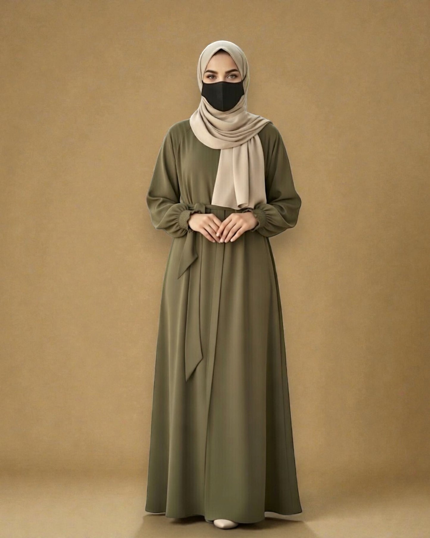 Front Open Abaya with Zipper Opening, Umbrella Flare and Matching Belt