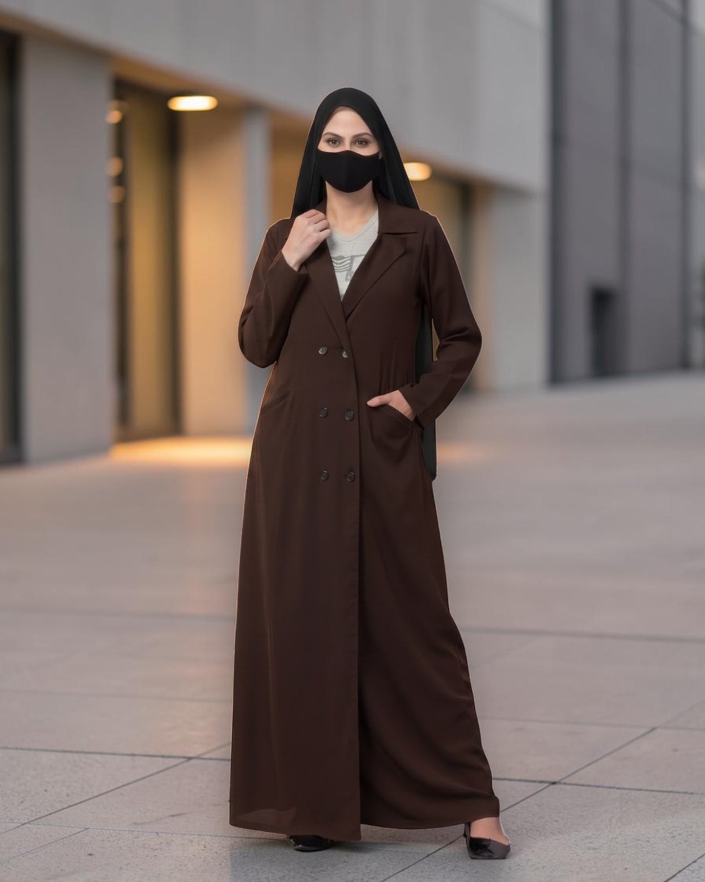Double-Breasted Coat Abaya for Work with Free Hijab | Optional Inner | Brown