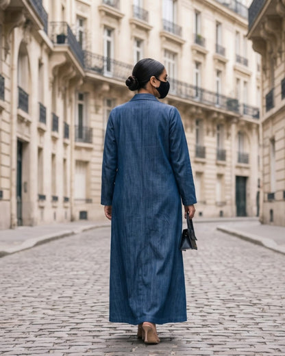 Tailored Denim Coat Abaya with Blazer Collar