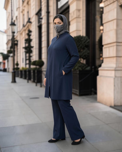 2-Piece Modest Co-Ord Set with Zipper Top & Elasticated Trousers | Optional Hijab