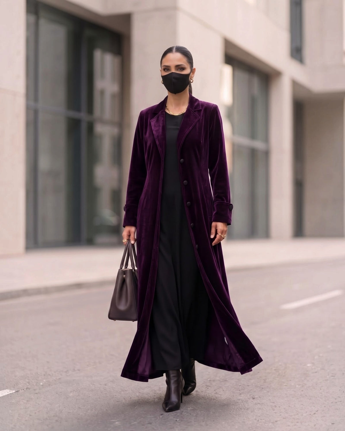 Longline Velvet Coat Abaya with Lapel Collar