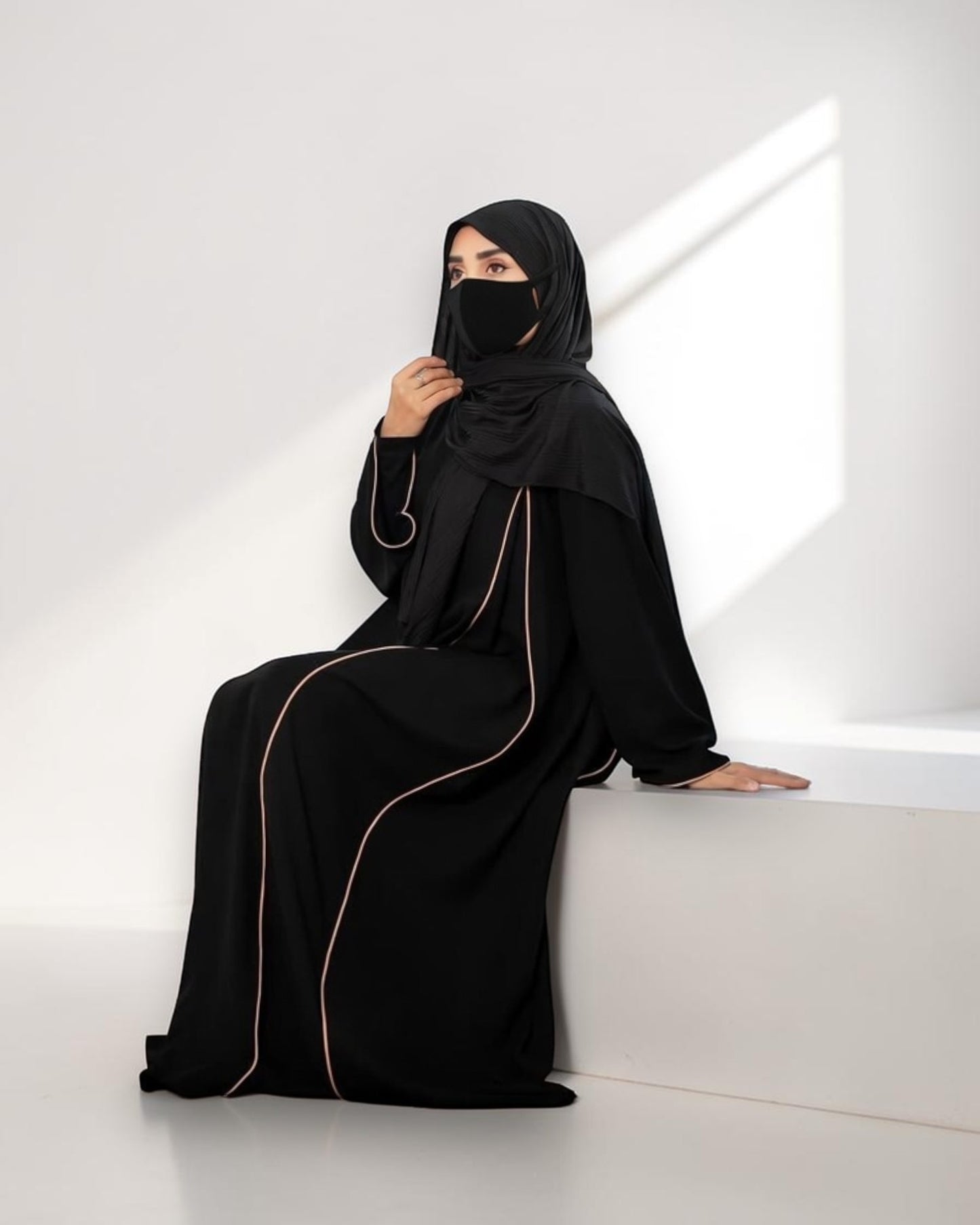 Designer Black Closed Abaya with Contrast Piping and Extra Flare