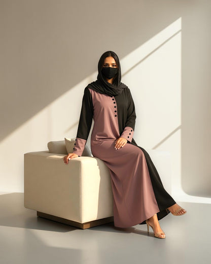 Color-Blocked V-Neck Praada Abaya with Fabric Buttons & Side Pockets