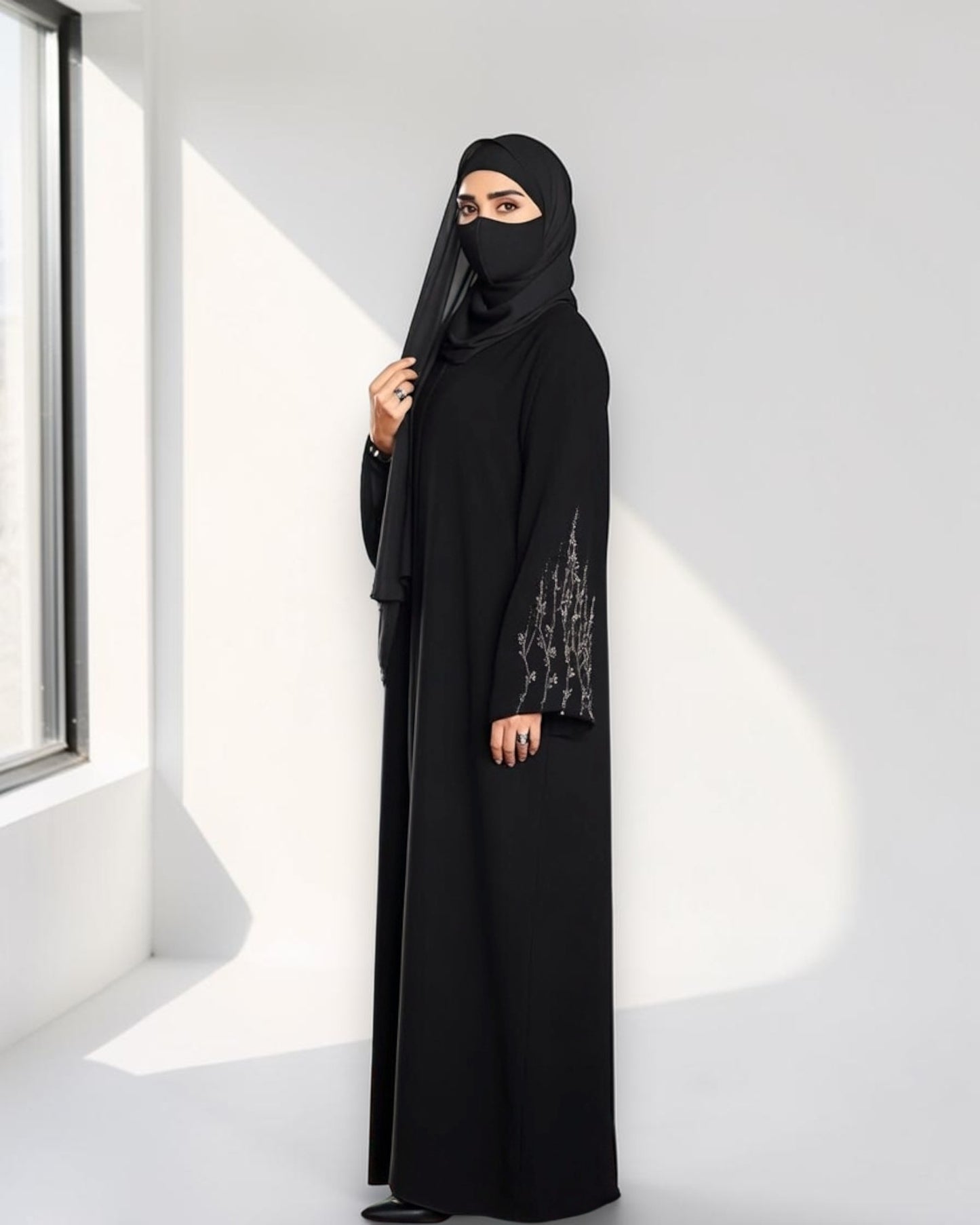 Mahram Black Party Wear Abaya with Handwork