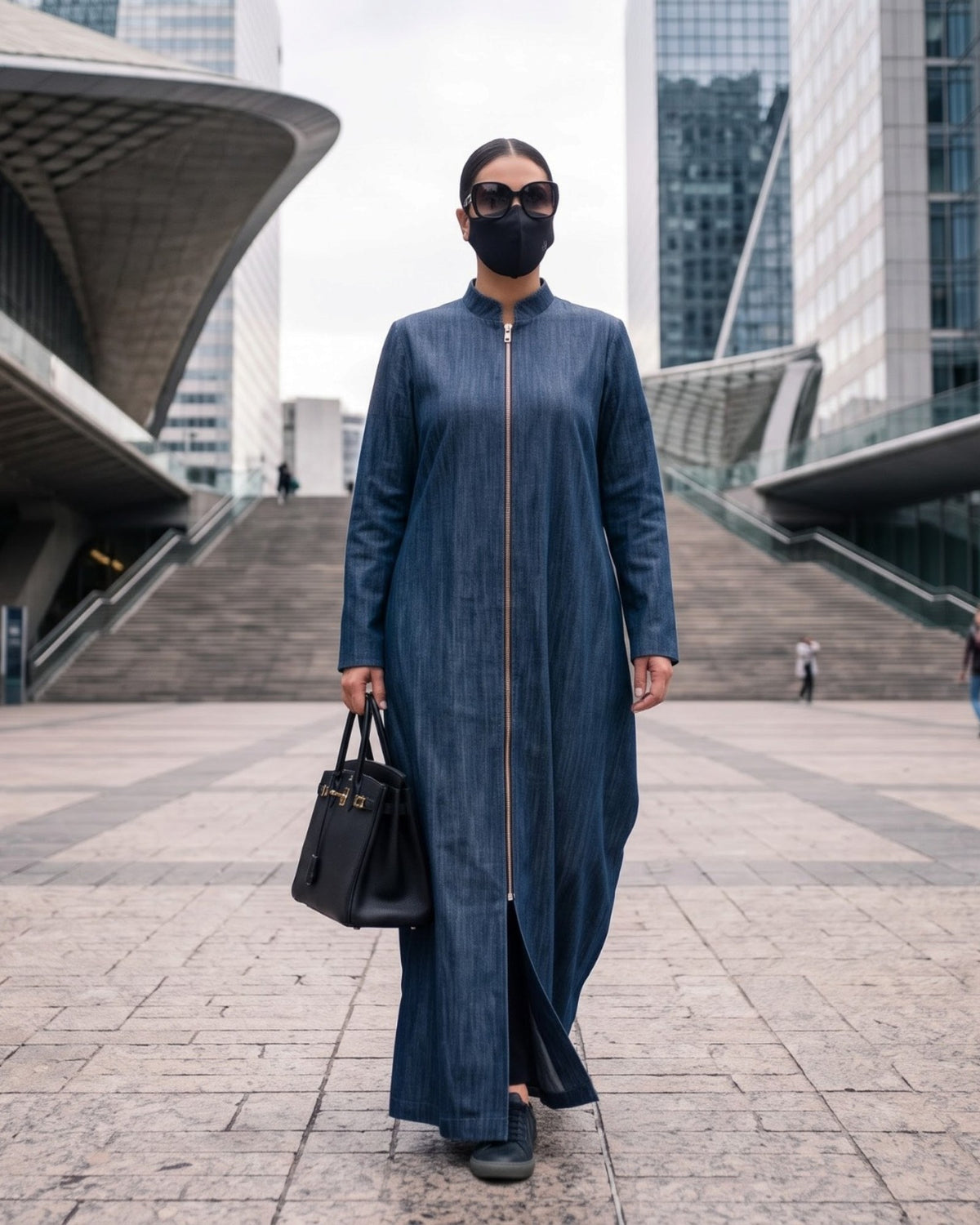 Urban Denim Zipper Abaya with Mandarin Collar