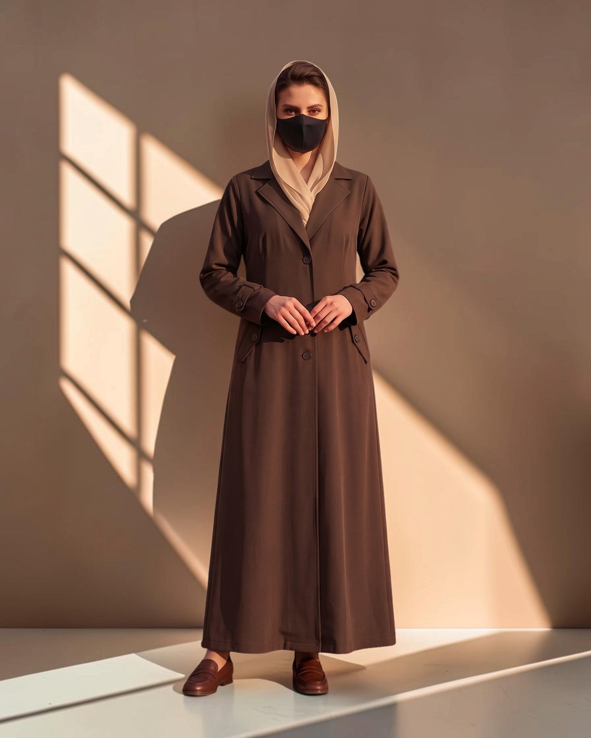 Executive Abaya Coat with Structured Shoulders (Brown)