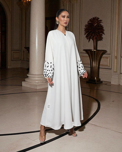 Dubai Abaya Design in White Prada with Black Embellished Sleeves