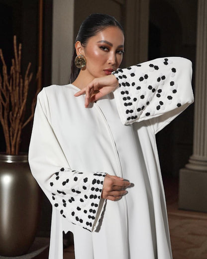 Dubai Abaya Design in White Prada with Black Embellished Sleeves