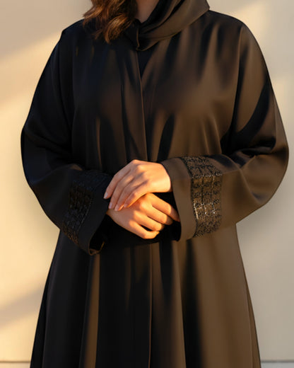 Black Praada Mahram Front-Open Burqa with Side Pockets and Sleeve Embellishments