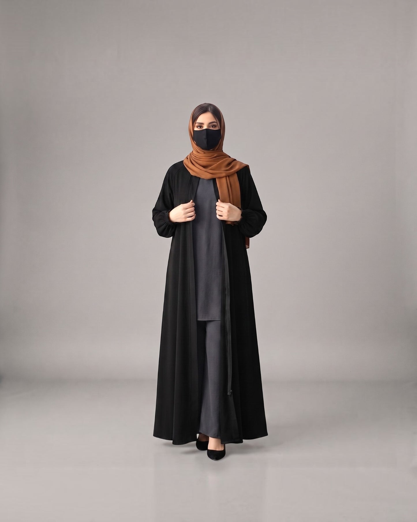 Front Open Abaya with Zipper Opening, Umbrella Flare and Matching Belt