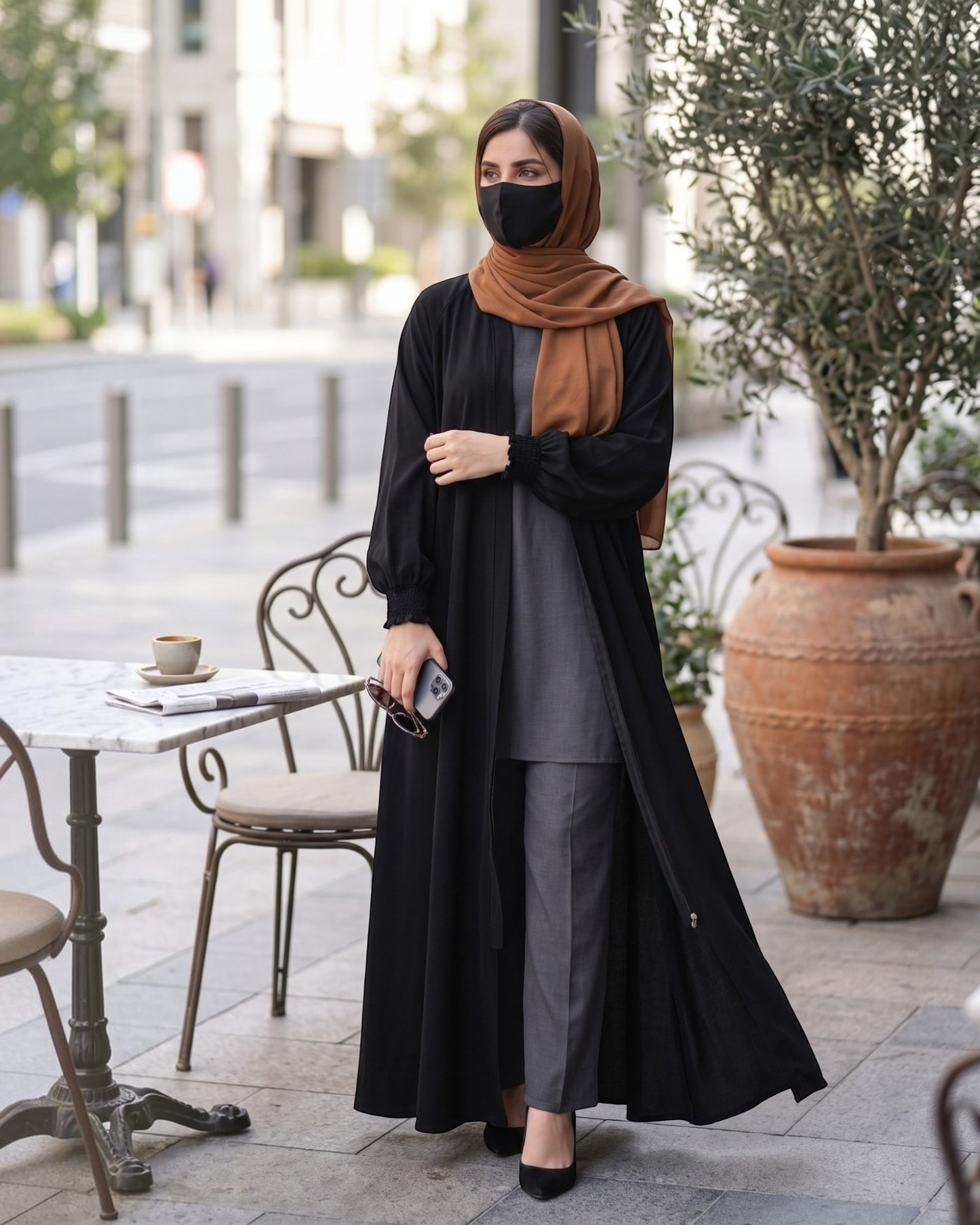 Front Open Abaya with Zipper Opening, Umbrella Flare and Matching Belt