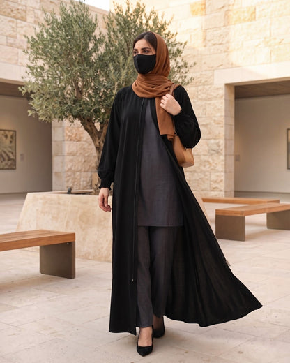 Front Open Abaya with Zipper Opening, Umbrella Flare and Matching Belt