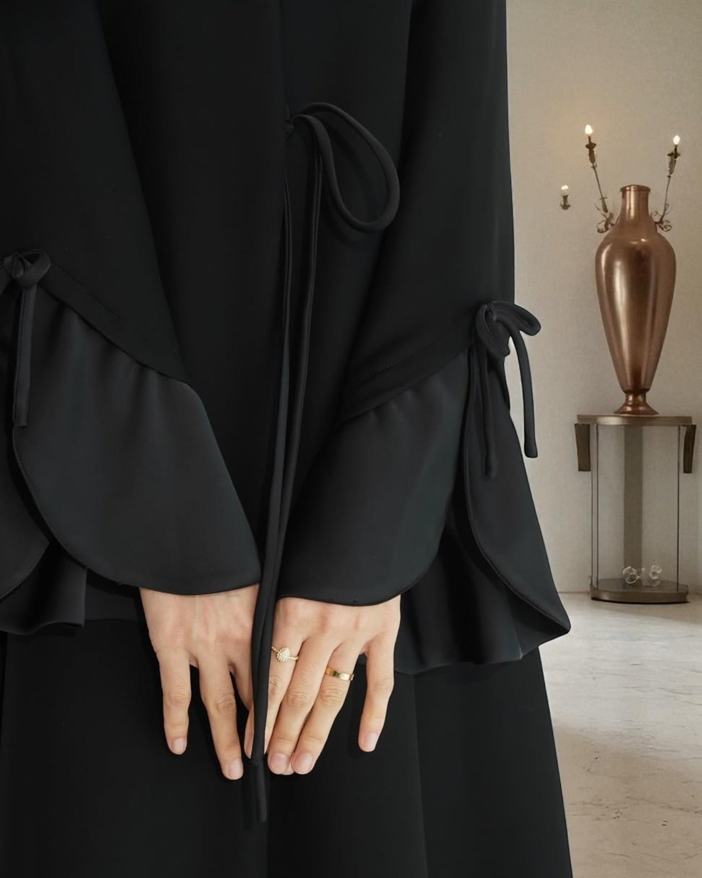 Elegant Flowing Black Abaya Online with Statement Flounce Cuff Sleeves