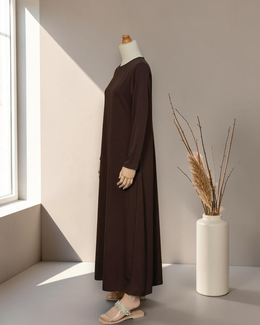 Full Sleeves Inner Abaya in Flow Crepe Fabric with Back Keyhole | Brown