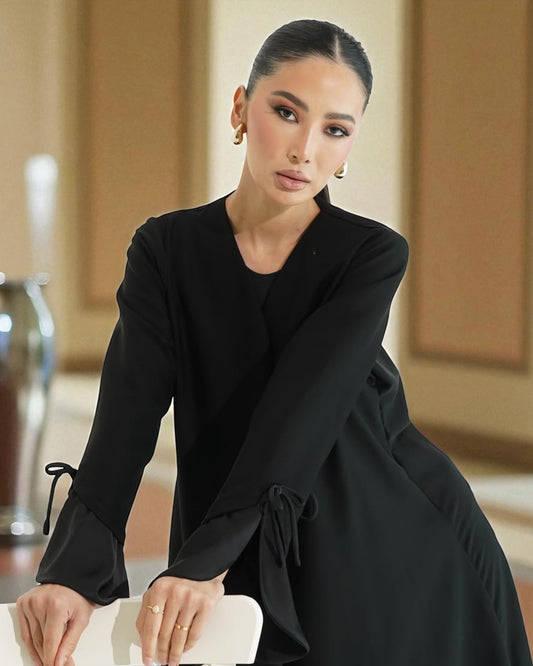 Elegant Flowing Black Mahram-Abaya Online with Statement Flounce Cuff Sleeves