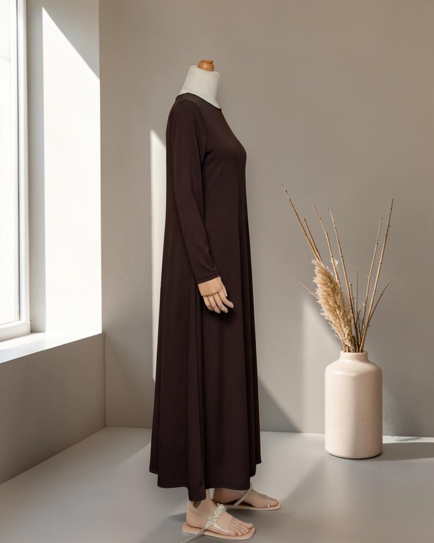 Full Sleeves Inner Abaya in Flow Crepe Fabric with Back Keyhole | Brown