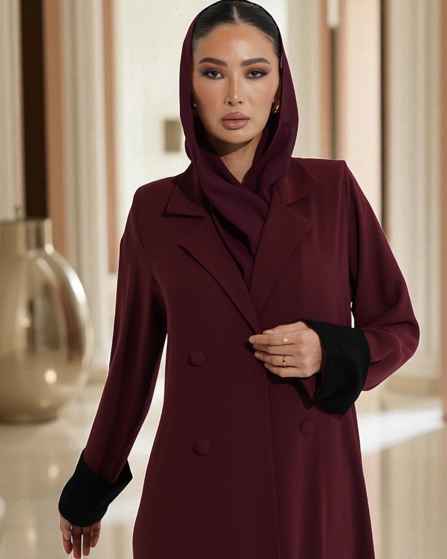 Elegant Double-Breasted Coat Style Abaya with Lapel Collar