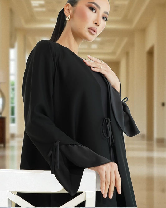 Elegant Flowing Black Abaya Online with Statement Flounce Cuff Sleeves