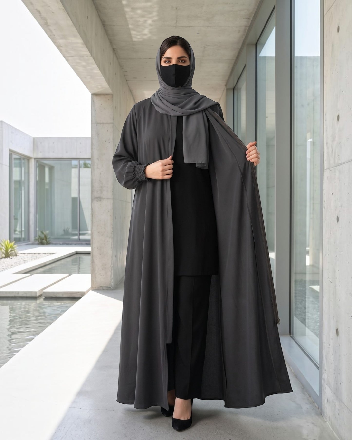 Front Open Abaya with Zipper Opening, Umbrella Flare and Matching Belt