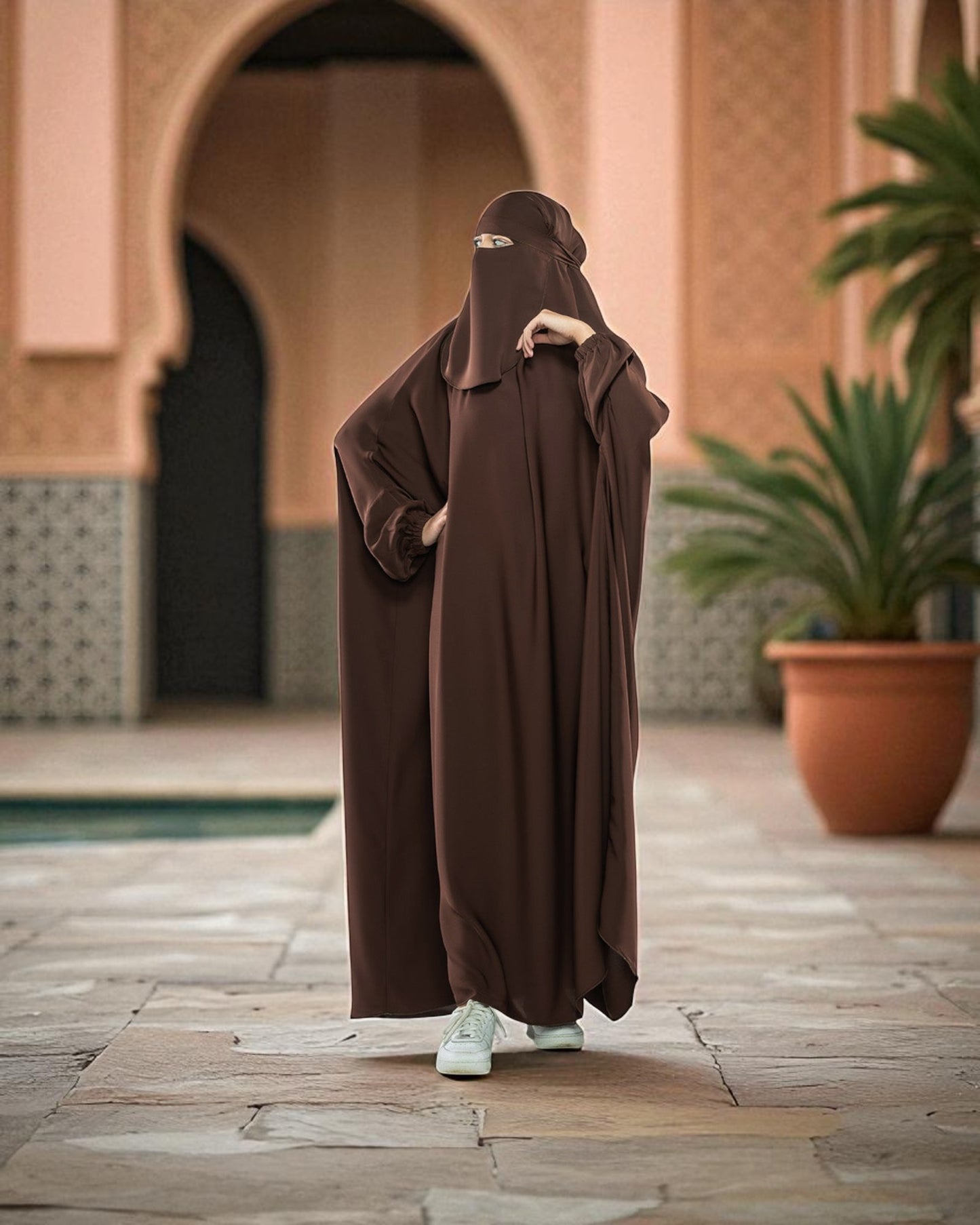 Firdaus Fabric Dark Brown One-Piece Jilbab with Nose Piece