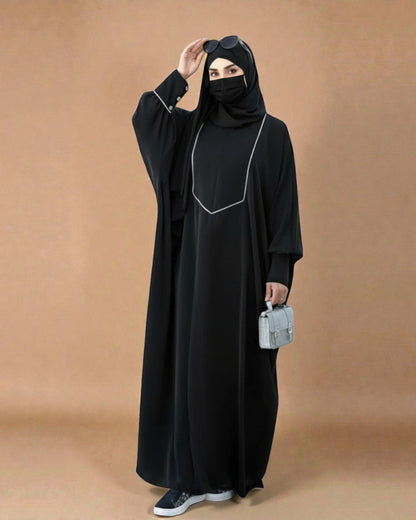 Free Size Kaftan with White Piping, Zipper Opening & Cuffed Sleeves in Premium Fabric, Includes Hijab
