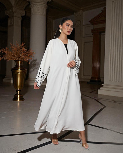 Dubai Abaya Design in White Prada with Black Embellished Sleeves