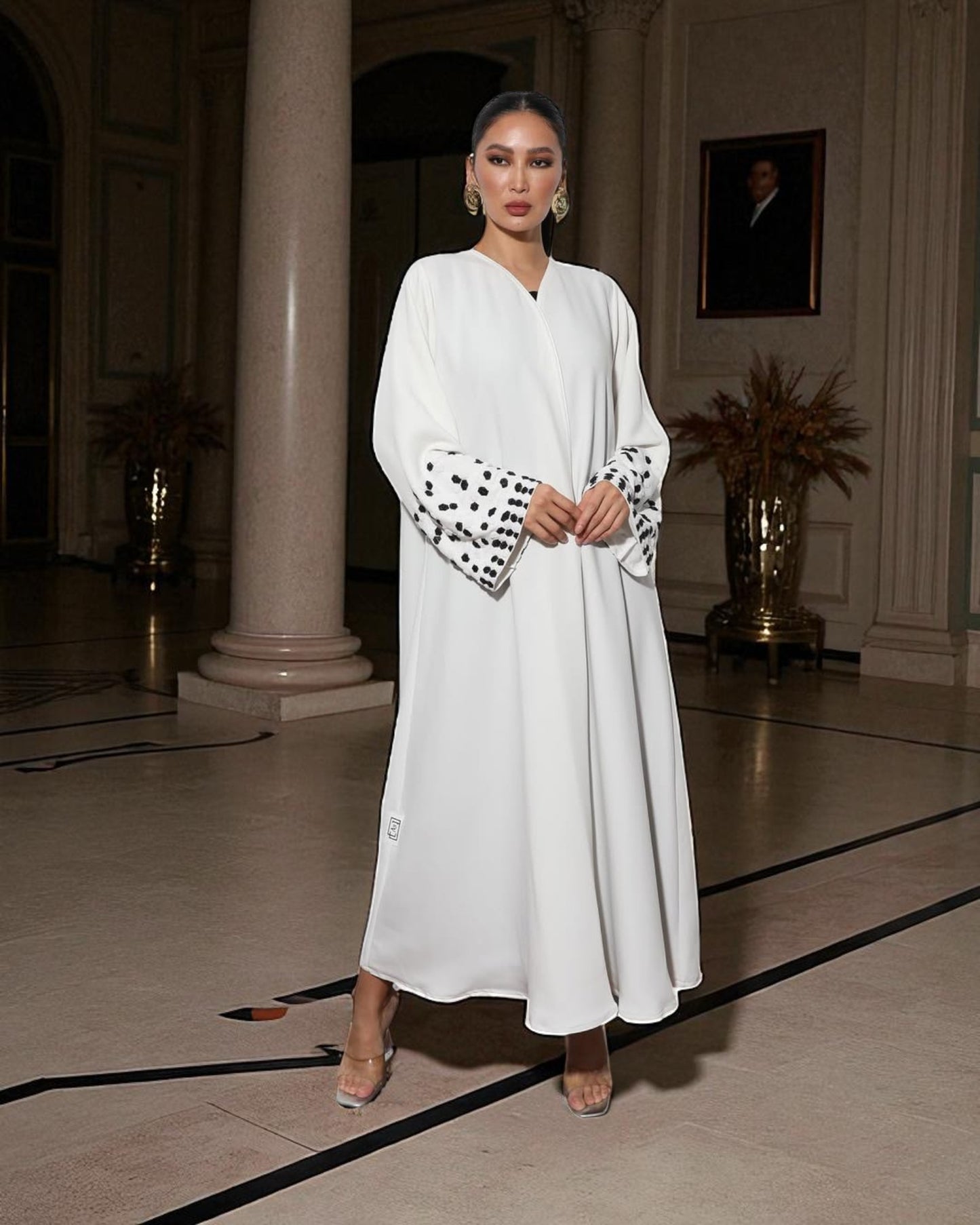 Dubai Abaya Design in White Prada with Black Embellished Sleeves