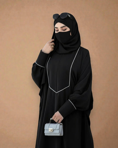 Free Size Kaftan with White Piping, Zipper Opening & Cuffed Sleeves in Premium Fabric, Includes Hijab