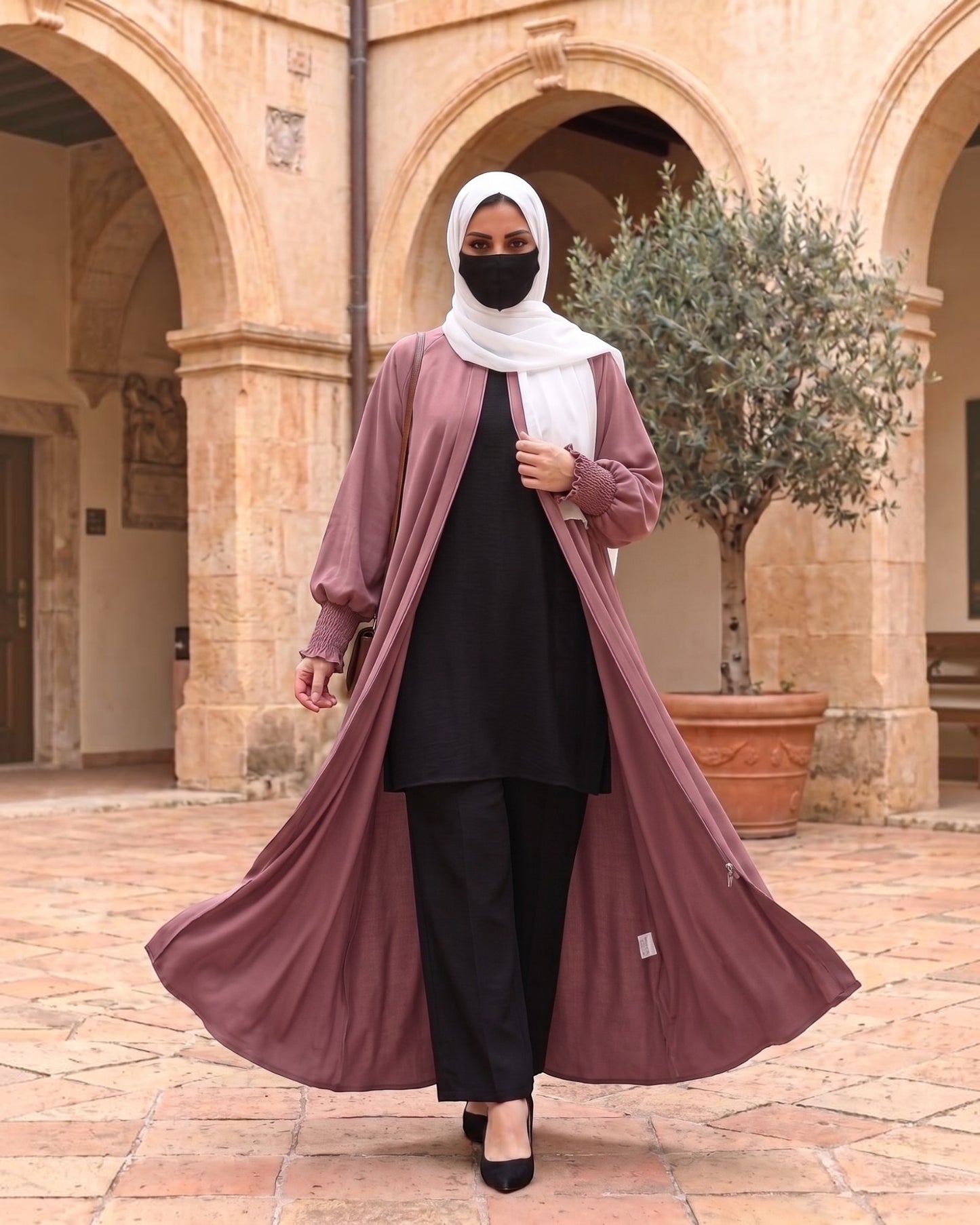 Front Open Abaya with Zipper Opening, Umbrella Flare and Matching Belt