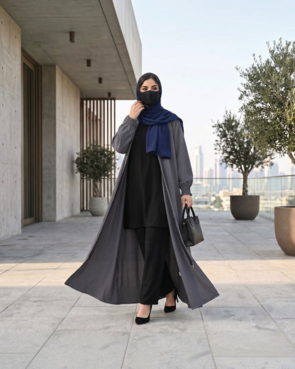 Front Open Abaya with Zipper Opening, Umbrella Flare and Matching Belt