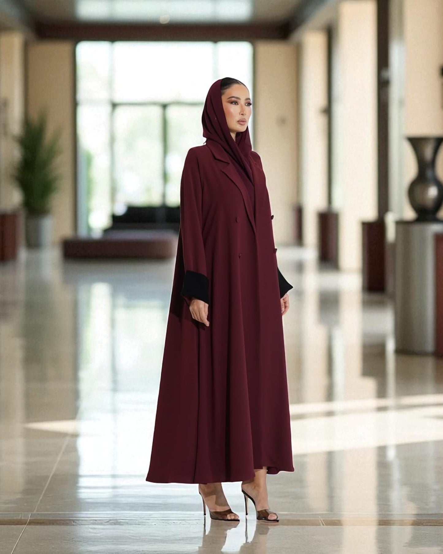 Elegant Double-Breasted Coat Style Abaya with Lapel Collar