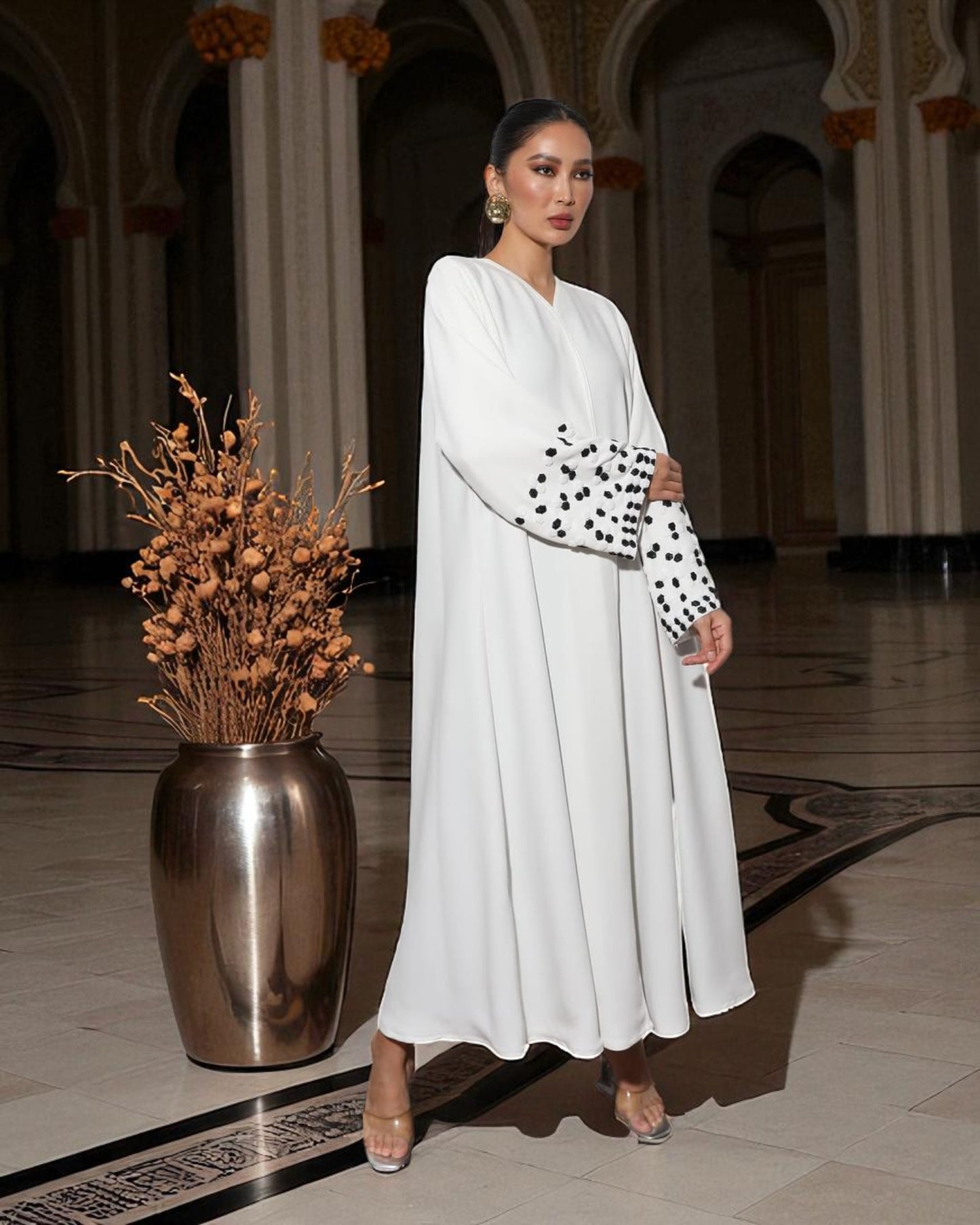 Dubai Abaya Design in White Prada with Black Embellished Sleeves