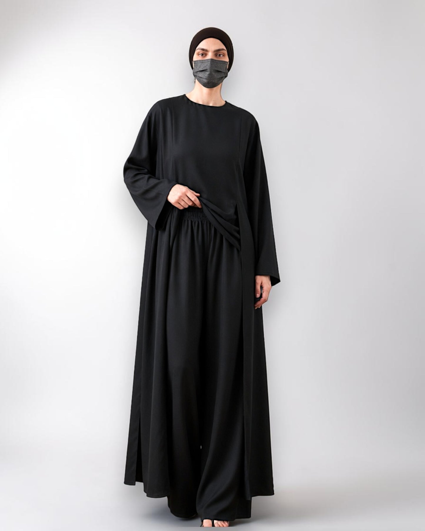 Black Abaya-like Co-ord Set with Long Tunic and Elasticated Bottom