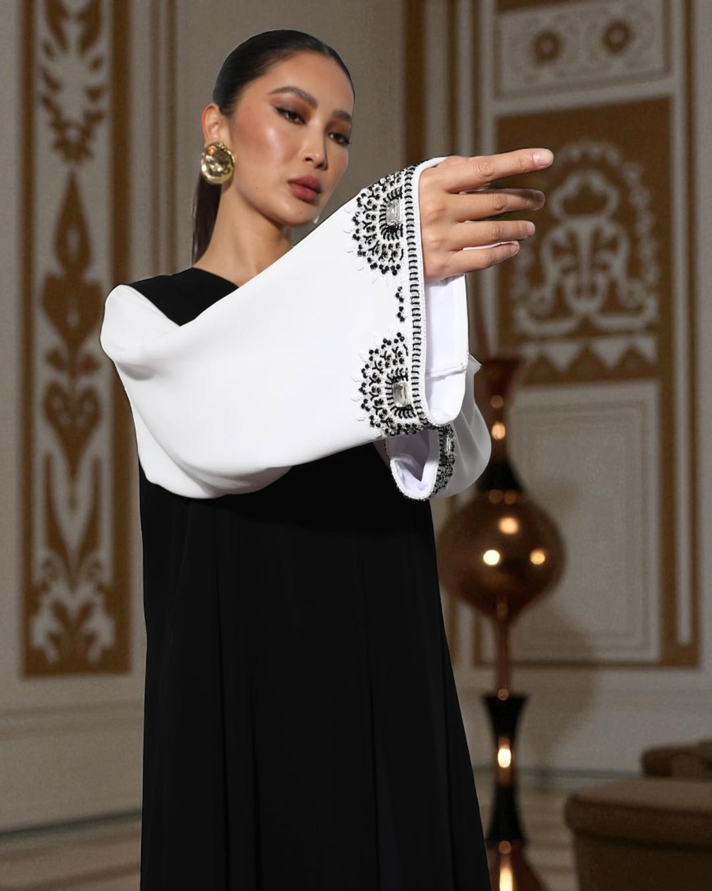 Black & White Luxury Abaya with Hand Embellished Sleeves