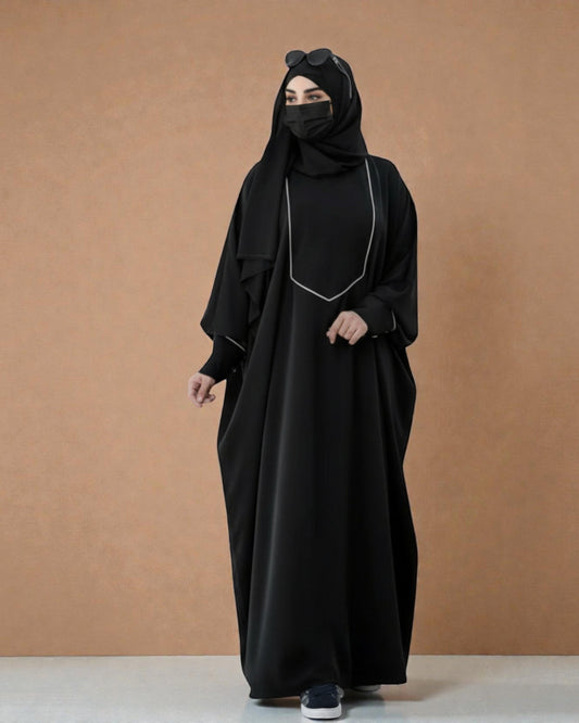 Free Size Kaftan with White Piping, Zipper Opening & Cuffed Sleeves in Premium Fabric, Includes Hijab