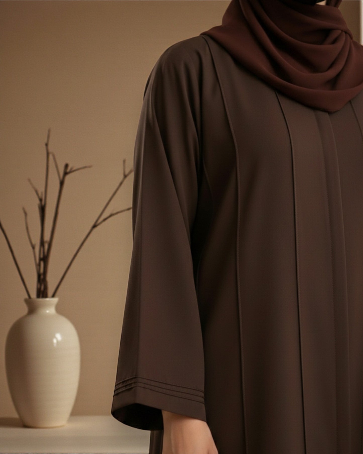 Premium Front Open Abaya for Women in Seltos Fabric with Pin Tuck Detailing and Black Hijab