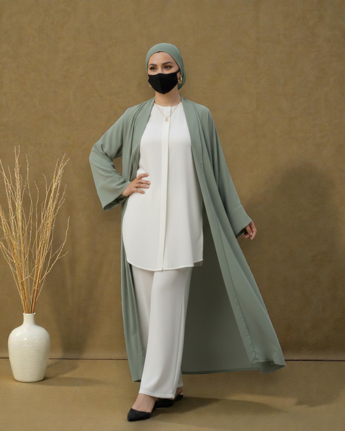 4-Piece Layered Co-Ord Set with Open Shrug & Hijab