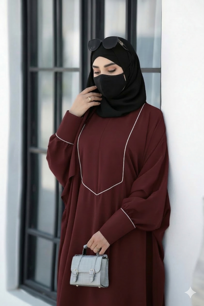 Free Size Kaftan with White Piping, Zipper Opening & Cuffed Sleeves in Premium Fabric, Includes Hijab